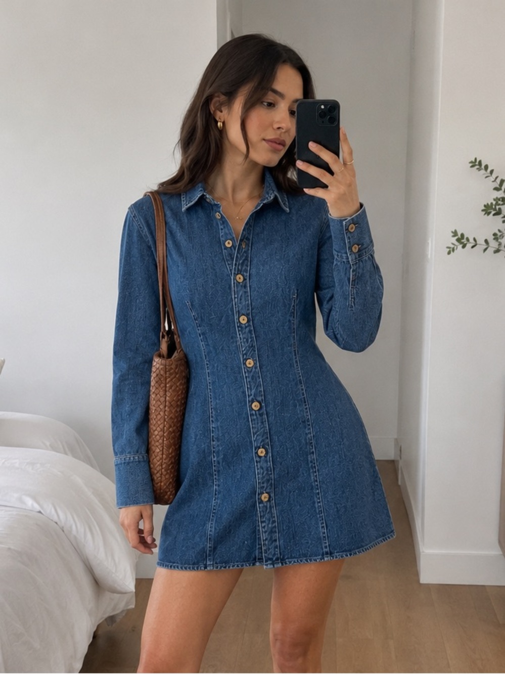 DL1961 Lisette Fitted Denim Shirt Mini Dress Indigo Blue Button Front Size S